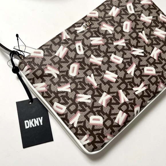 NWT DKNY Ines Crossbody Bag Double Compartment Monogram Brown White PVC - Picture 1 of 7